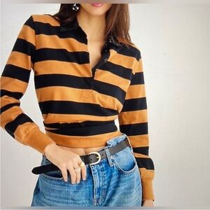J.Crew Sequin Collar Rugby Top Striped Black Tan Cotton Size M Women Preppy